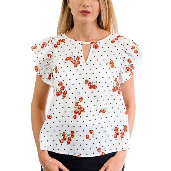 Cherries & Polka Dots on White Keyhole Blouse w Cap Sleeves Sz Small - Hey Viv - Picture 4 of 5